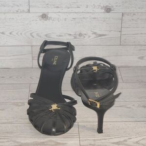 Celine Black Strappy Heels with Gold Accent